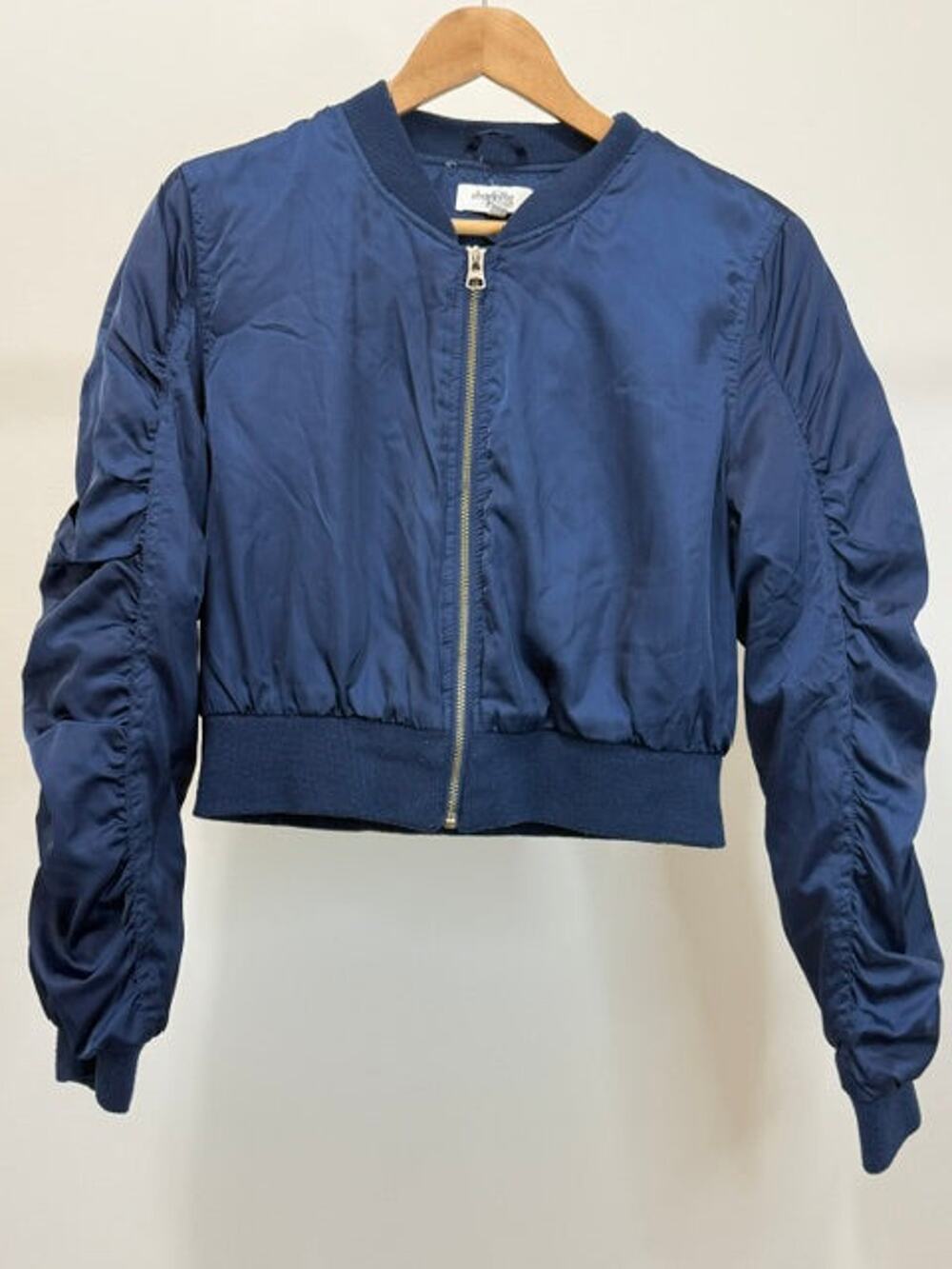 Charlotte Russe Satin Ruched Sleeve Bomber Jacket Navy SzL